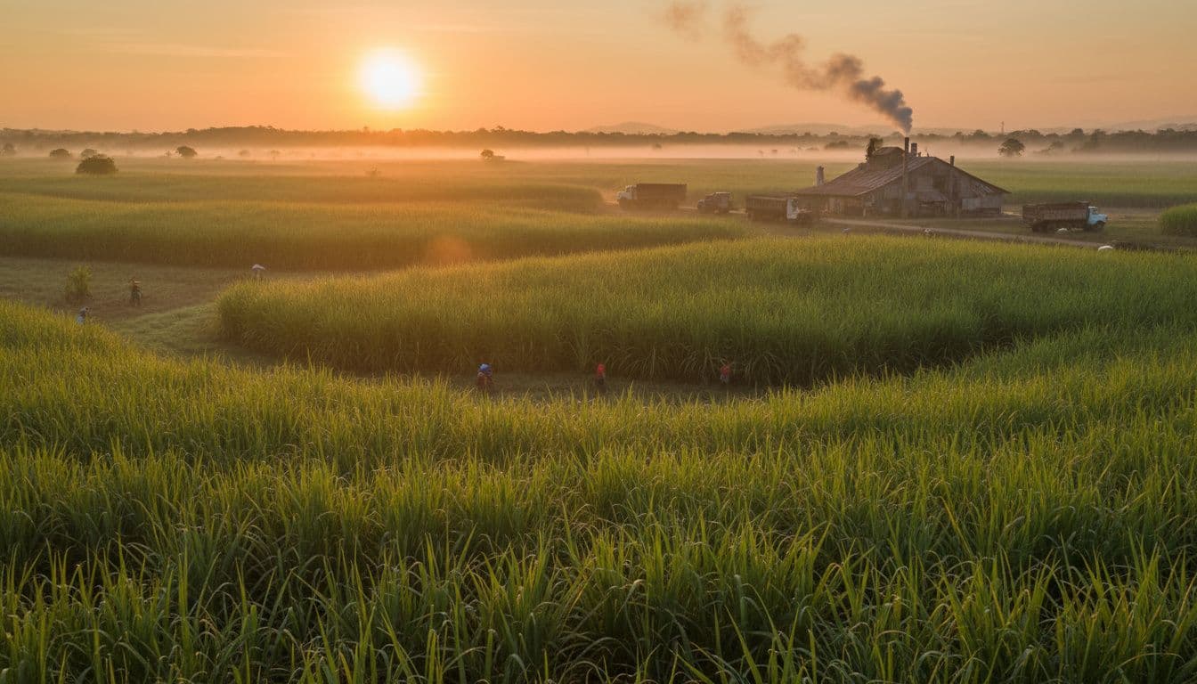 Sugarcane fields and workers at sunrise